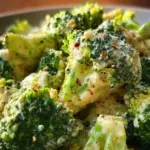 Creamy garlic parmesan broccoli served in a bowl with a sprinkle of Parmesan cheese.