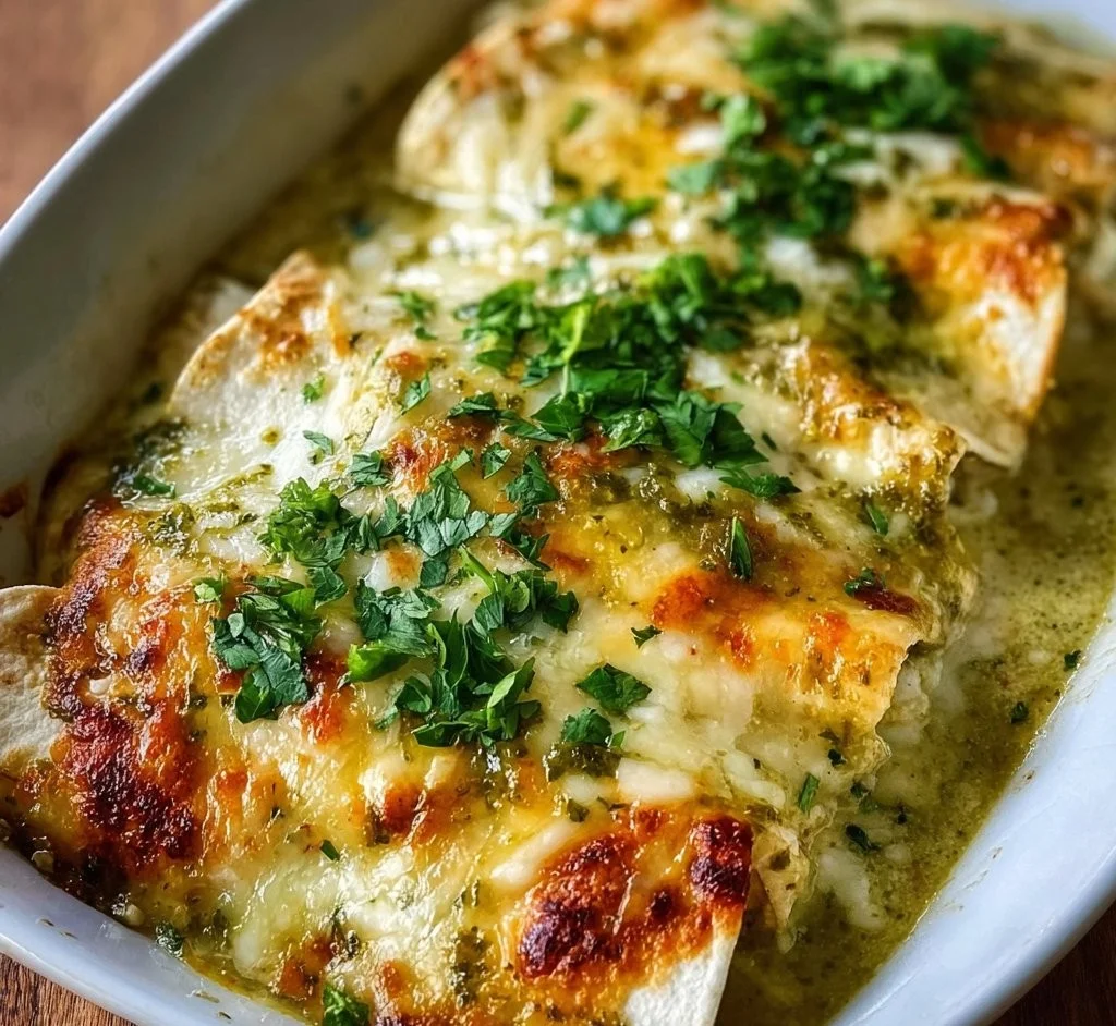 Creamy green chile chicken enchiladas topped with melted cheese and green sauce