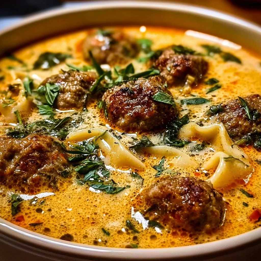 Bowl of creamy Italian meatball soup with fresh herbs and meatballs