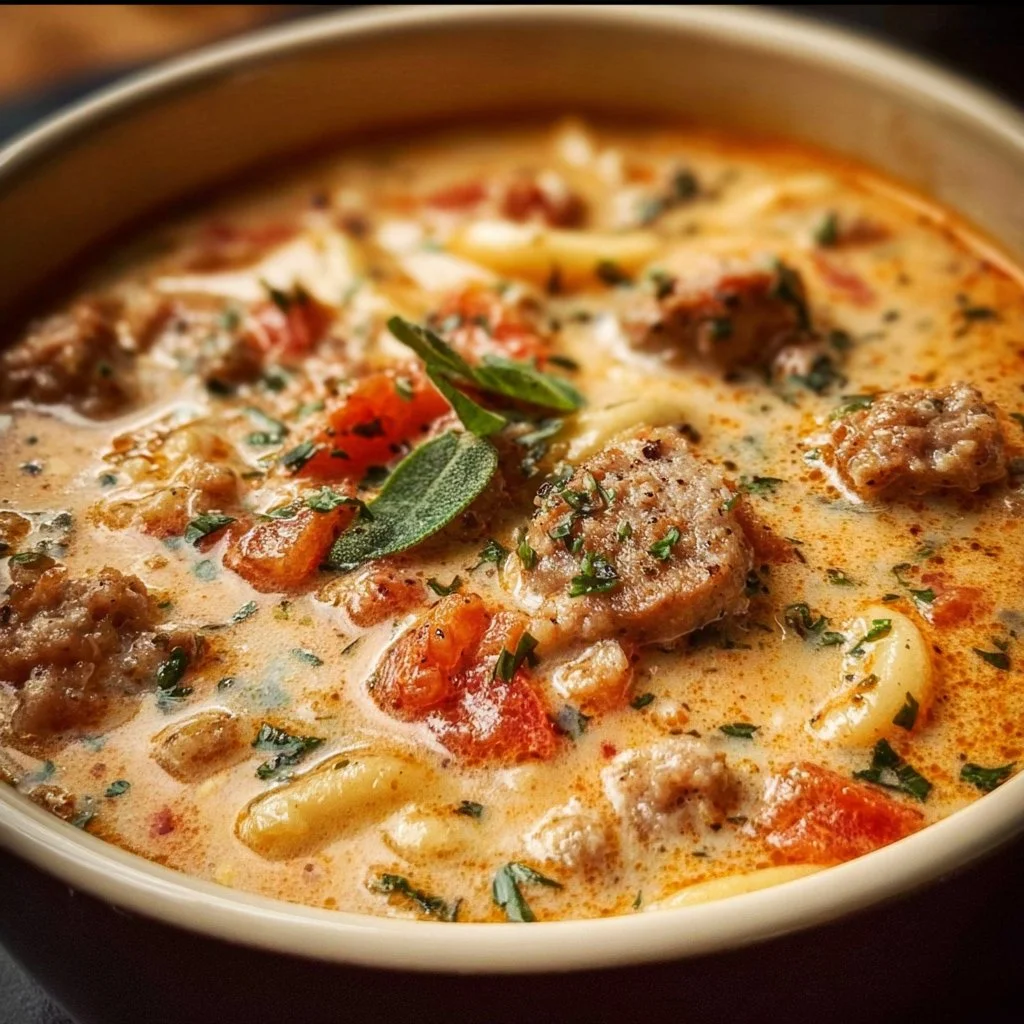 Creamy Italian sausage soup with vegetables and herbs in a bowl