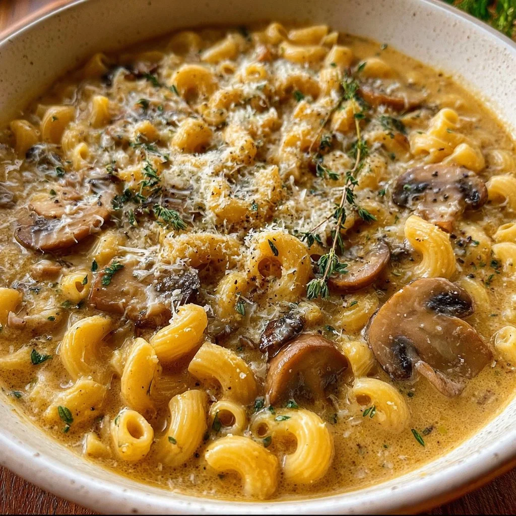 Creamy mushroom soup with parmesan and pasta in a bowl on a wooden table