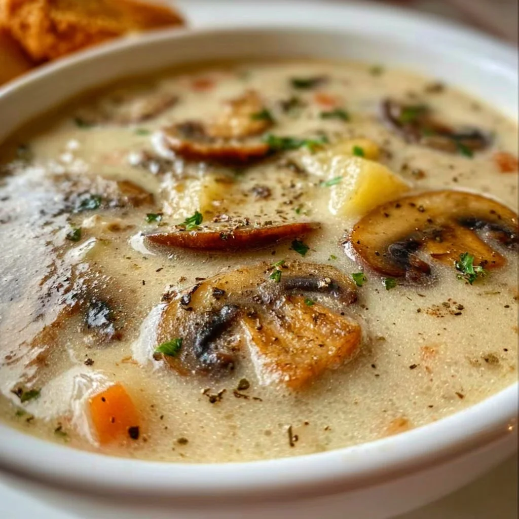 Bowl of creamy mushroom soup topped with fresh herbs and croutons