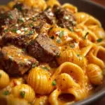 Creamy Paprika Steak served with Shells Pasta in a delicious sauce