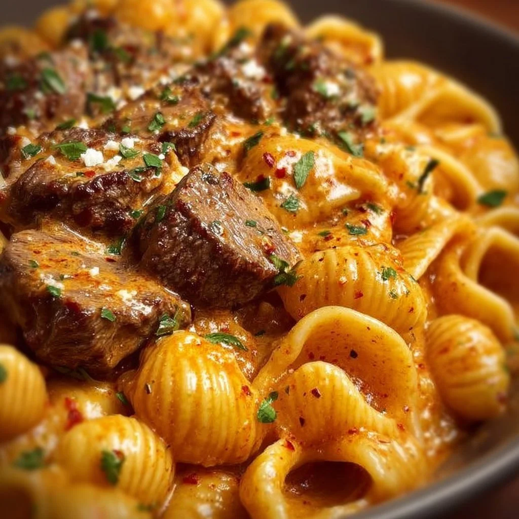 Creamy Paprika Steak served with Shells Pasta in a delicious sauce