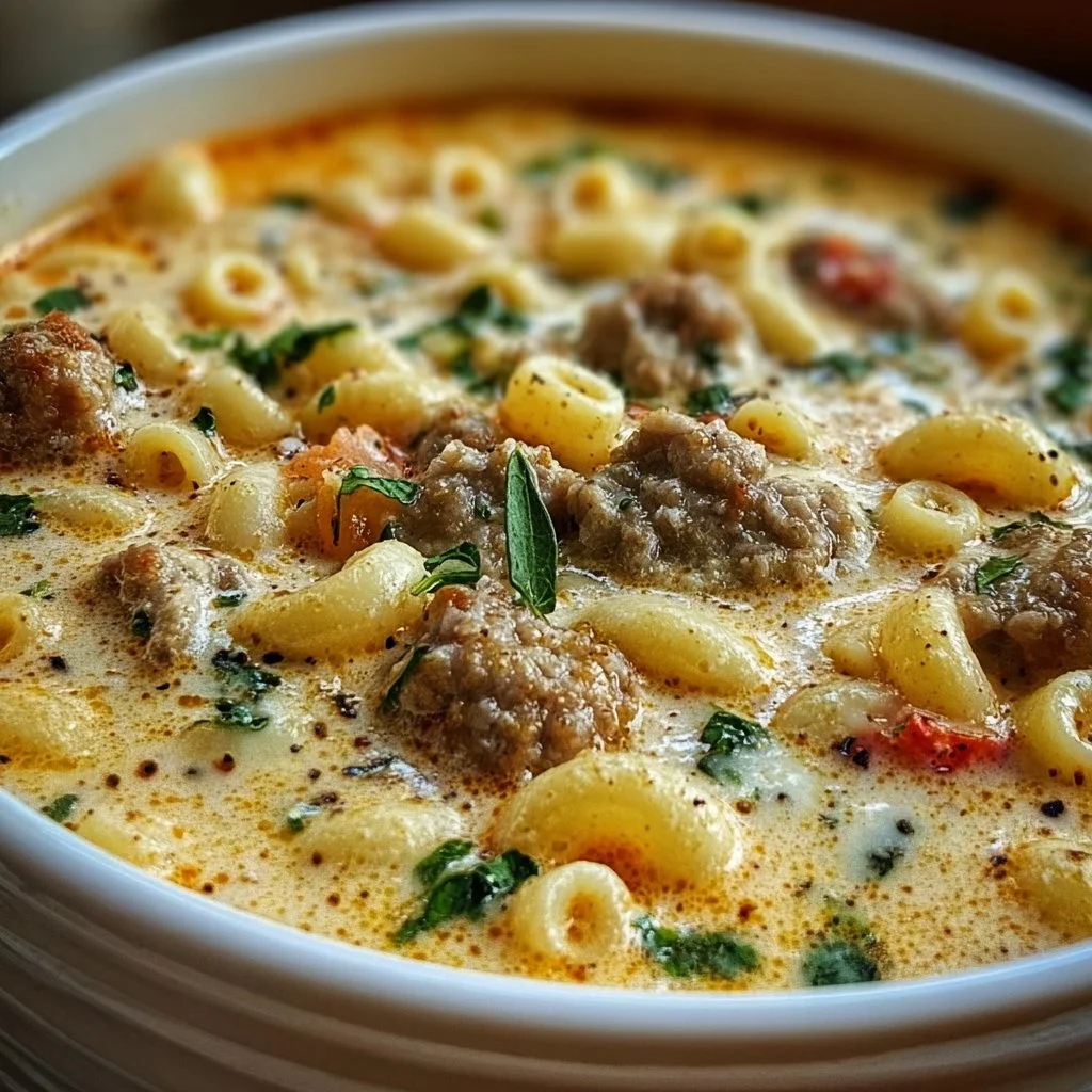 Creamy Parmesan Italian Sausage Ditalini Soup garnished with fresh herbs