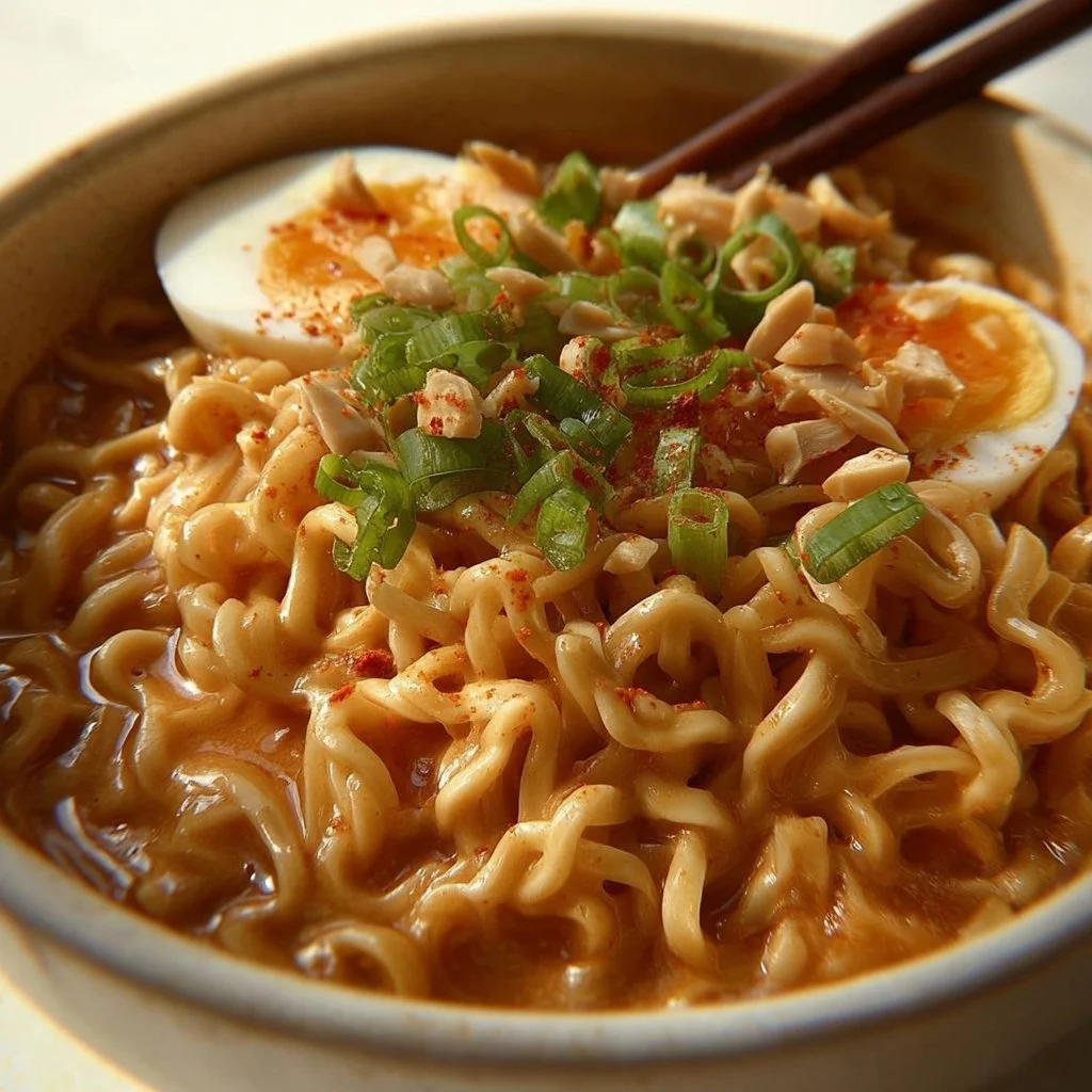 Creamy peanut butter ramen in a bowl topped with green onions and sesame seeds