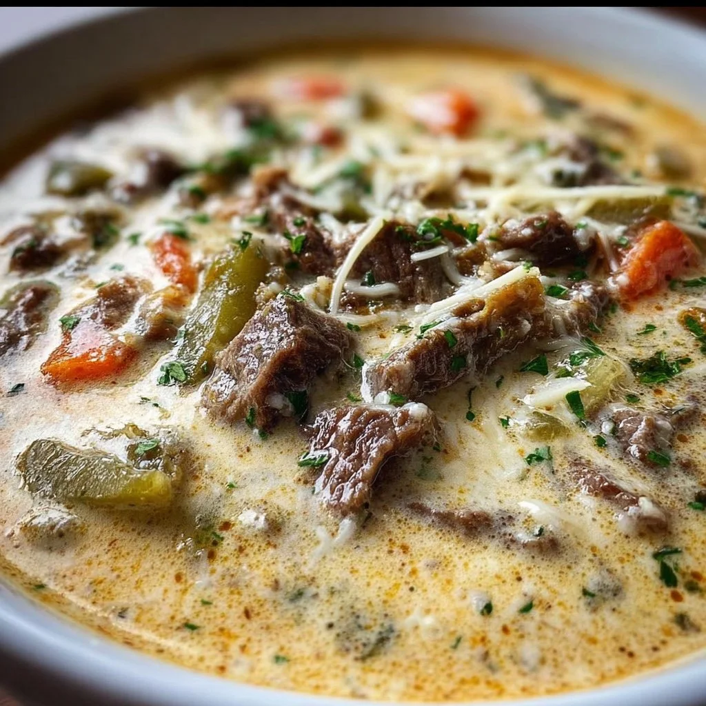 Creamy Philly cheese steak soup in a bowl garnished with fresh herbs.