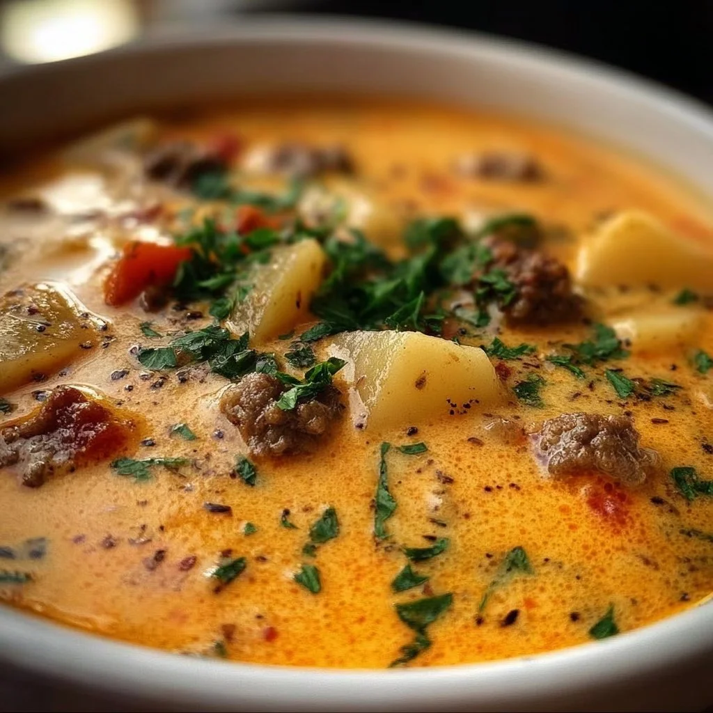 Bowl of creamy potato hamburger soup topped with herbs
