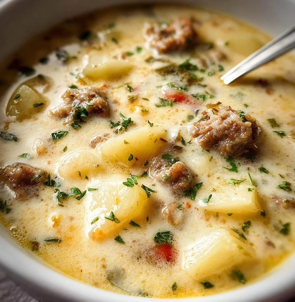 Bowl of creamy potato soup with Italian sausage garnished with herbs