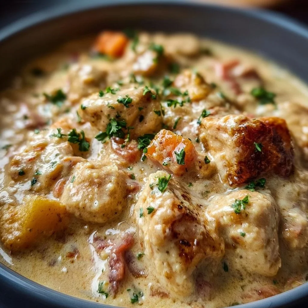 Delicious creamy ranch chicken cooked in a crock pot, served with herbs.