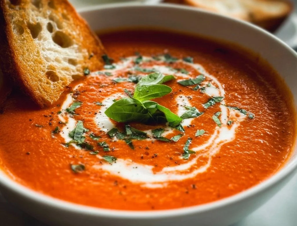 Bowl of creamy roasted tomato basil soup garnished with fresh basil leaves
