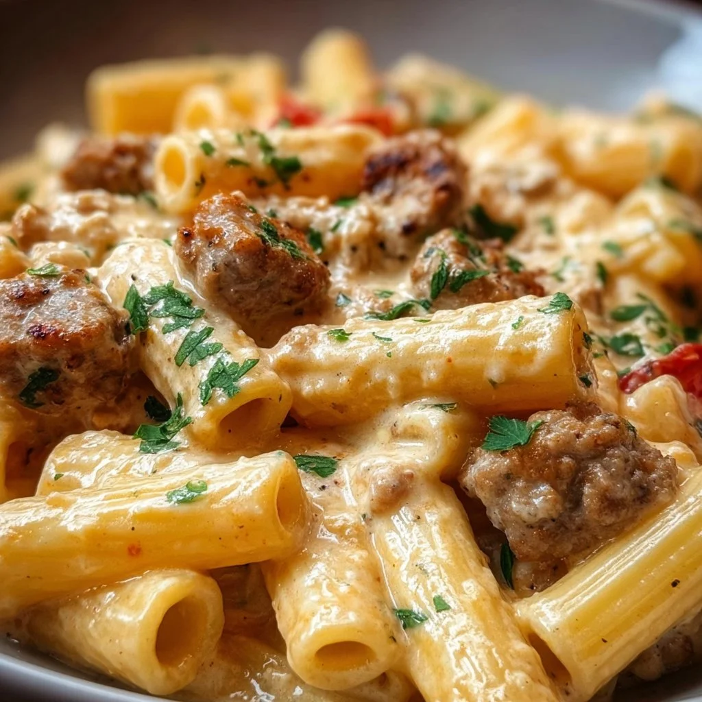Creamy sausage rigatoni pasta dish garnished with herbs