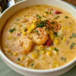 Creamy shrimp and corn soup in a bowl, garnished with herbs and spices.