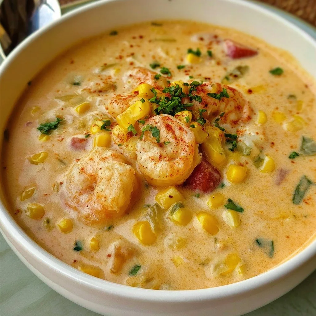 Creamy shrimp and corn soup in a bowl, garnished with herbs and spices.