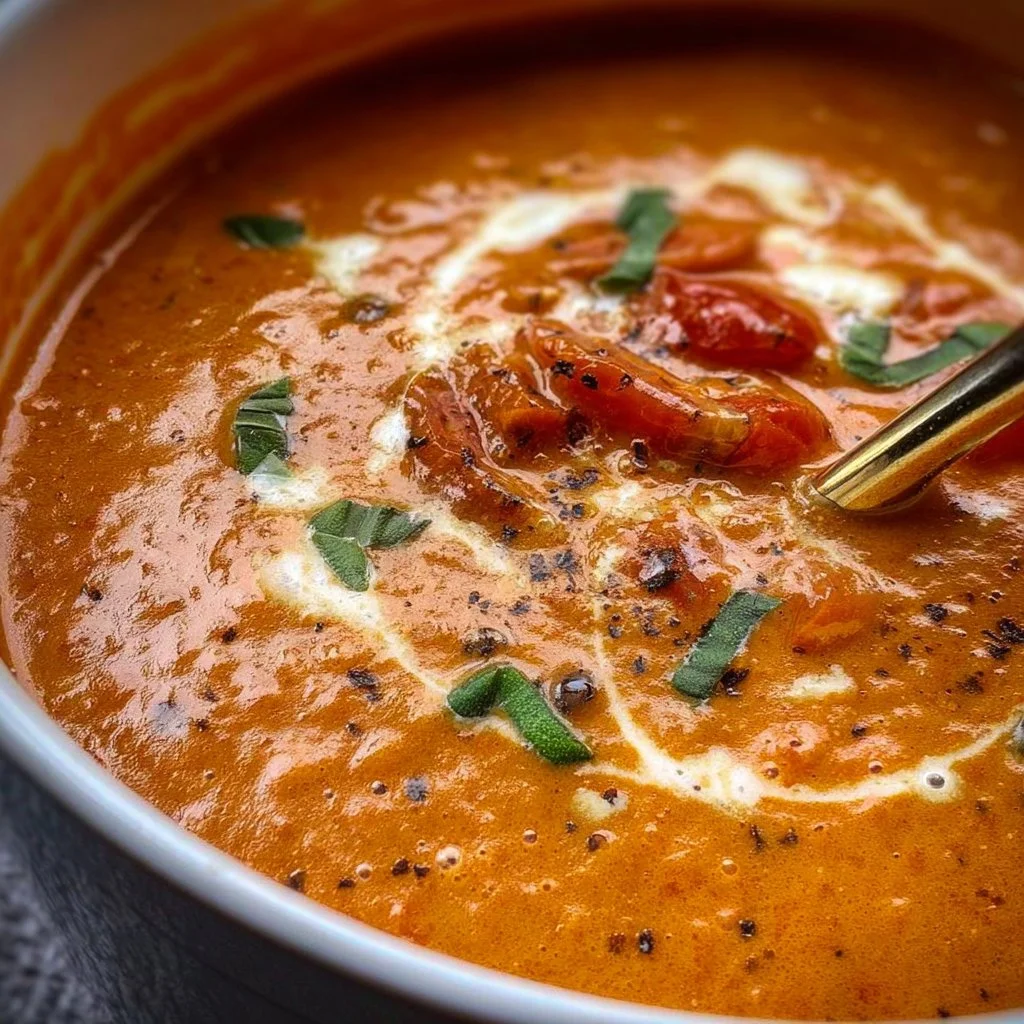 Bowl of creamy tomato basil soup garnished with fresh basil leaves