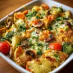 Delicious creamy vegetable casserole with colorful vegetables and cheesy topping