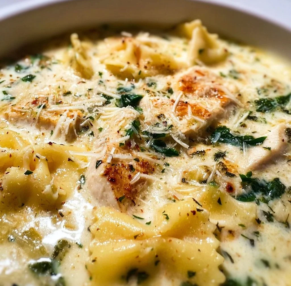 Creamy white lasagna soup in a bowl with herbs and cheese on top