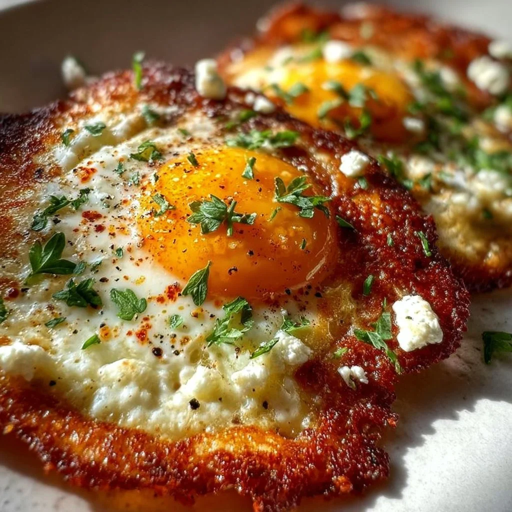 Delicious crispy feta fried eggs on a plate