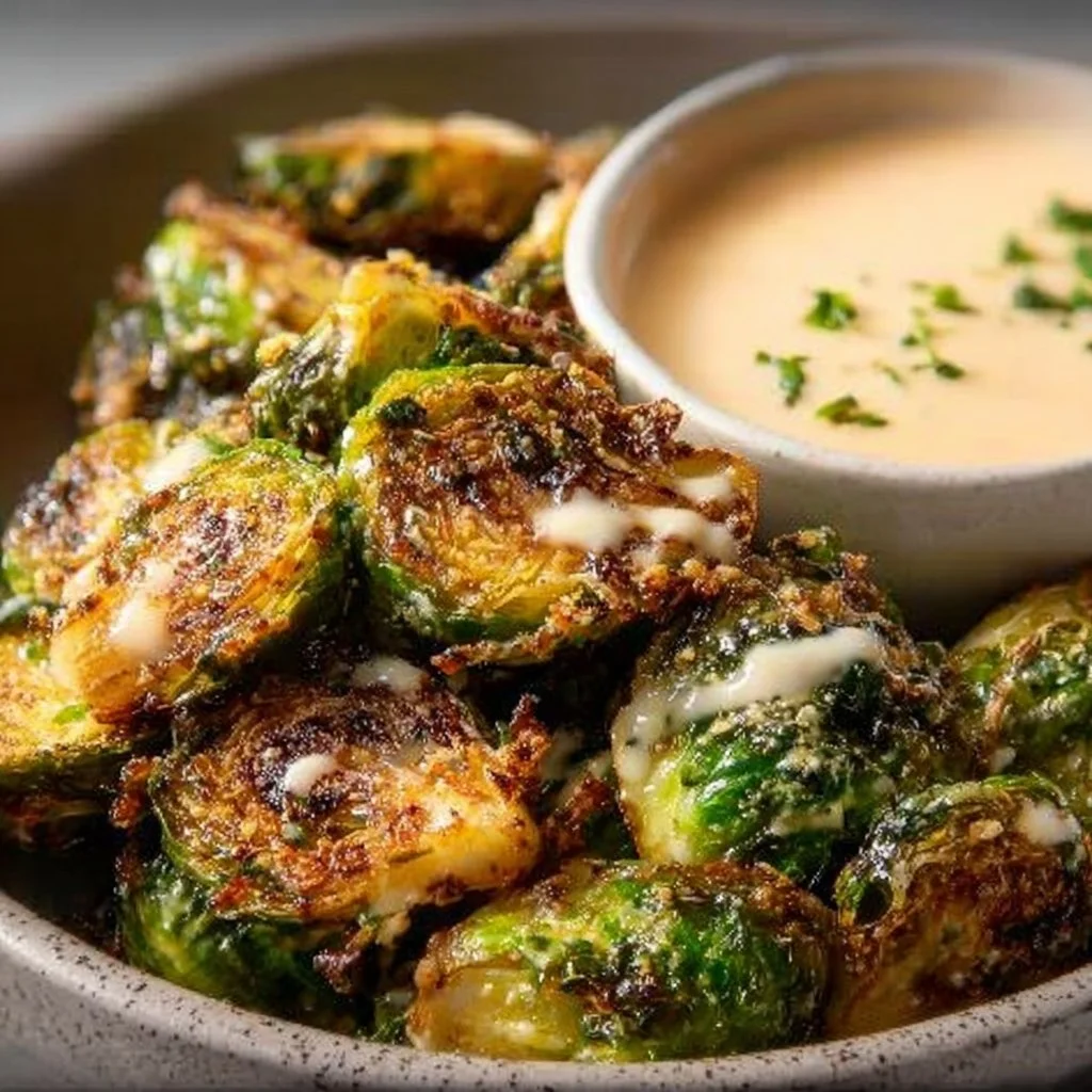 Crispy fried Brussels sprouts garnished with lemon aioli sauce.