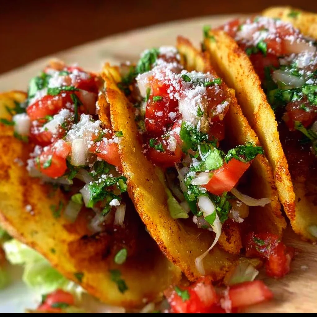 Crispy potato tacos served with fresh toppings and salsa