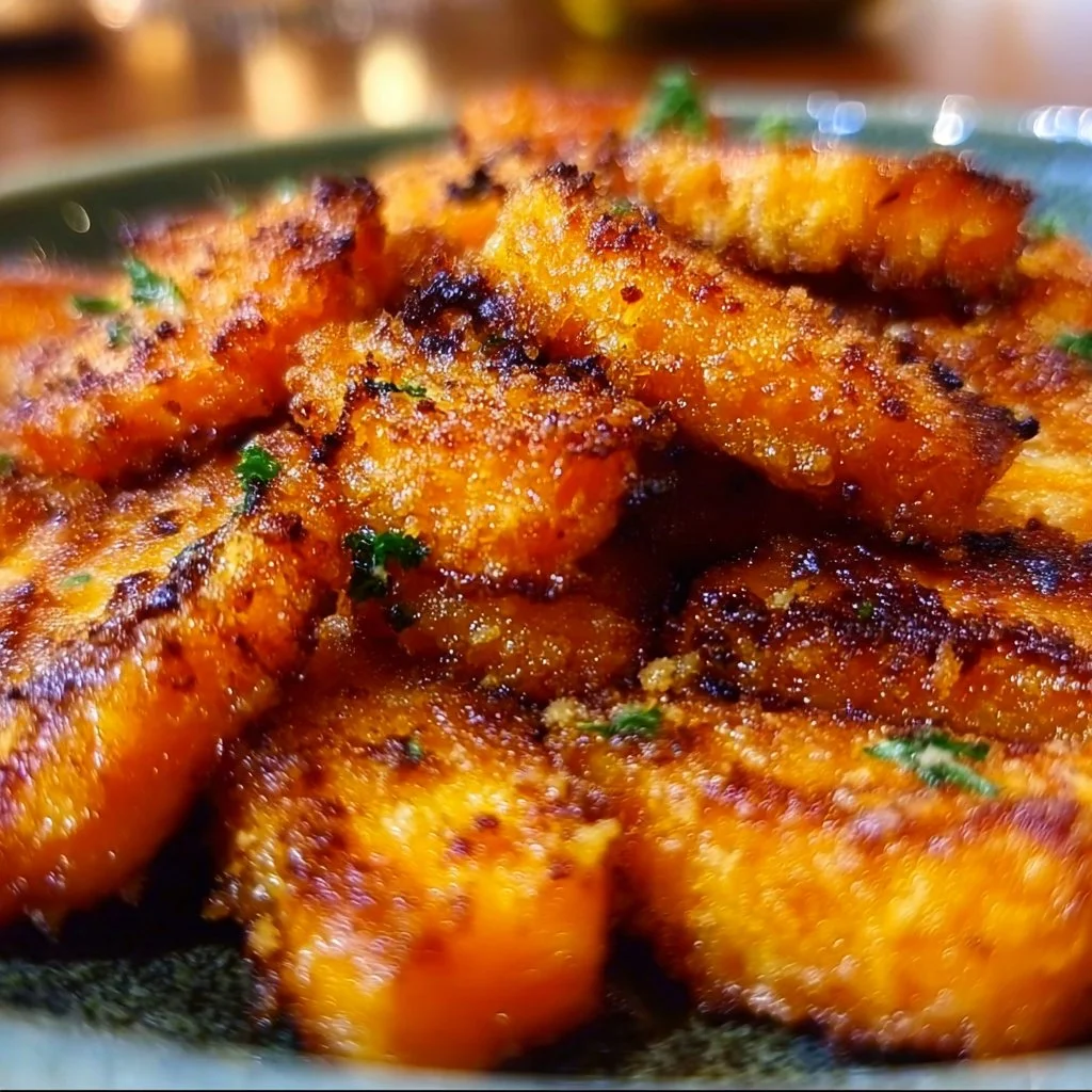 Crispy smashed carrots served on a plate, garnished with herbs.