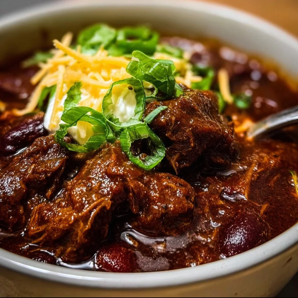 Bowl of Crock Pot Beef Chuck Chili topped with cheese and cilantro