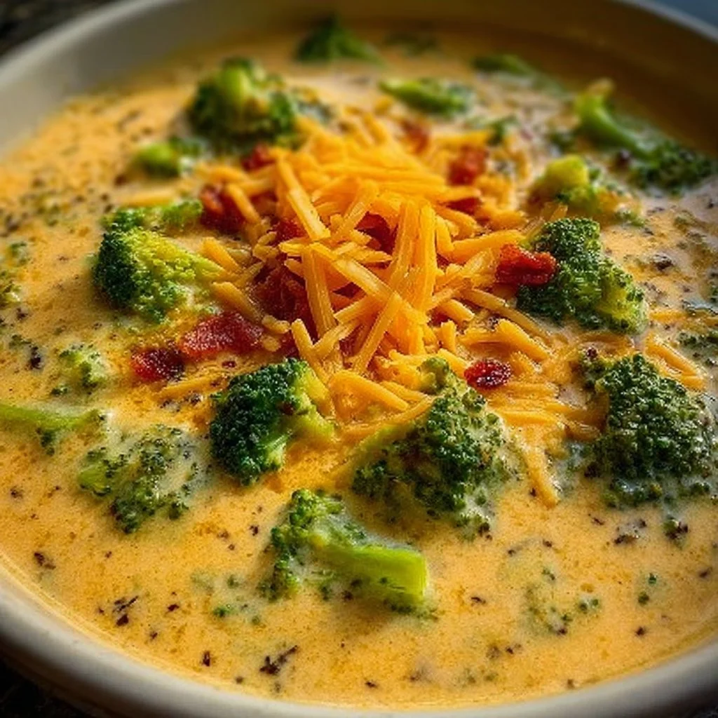 Bowl of creamy crock pot broccoli cheddar soup garnished with fresh herbs
