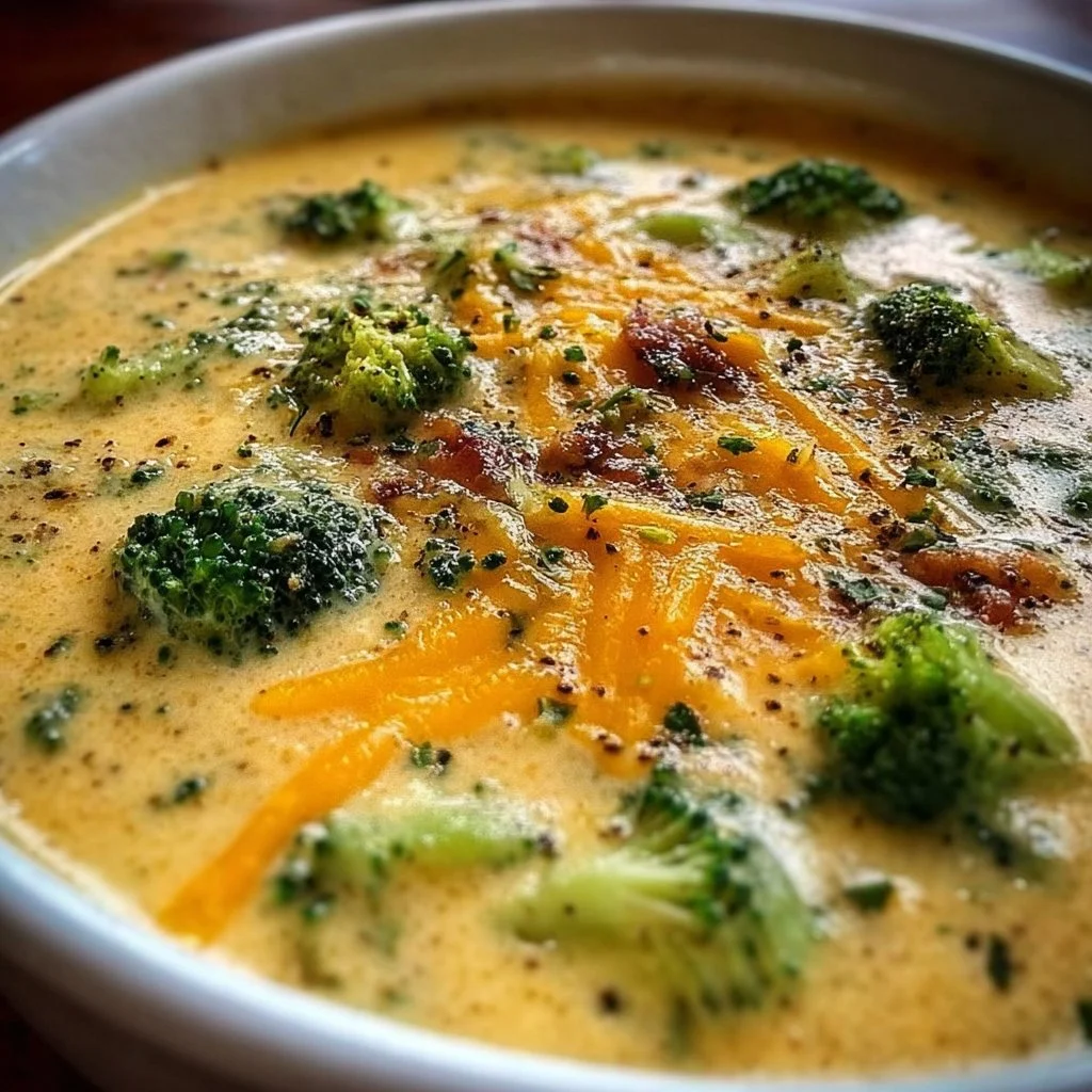 Crock Pot broccoli cheese soup garnished with fresh herbs in a bowl
