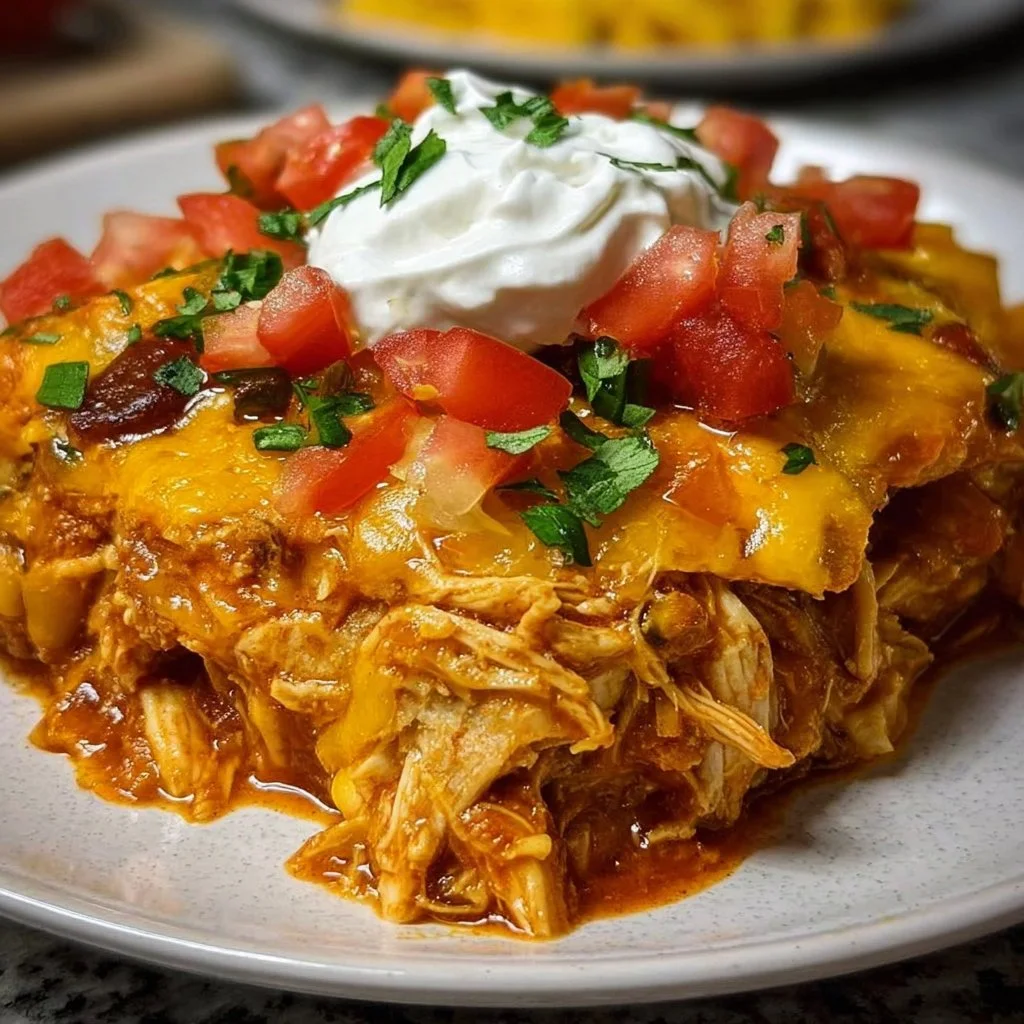 Crock Pot Chicken Enchilada Casserole topped with cheese and fresh cilantro