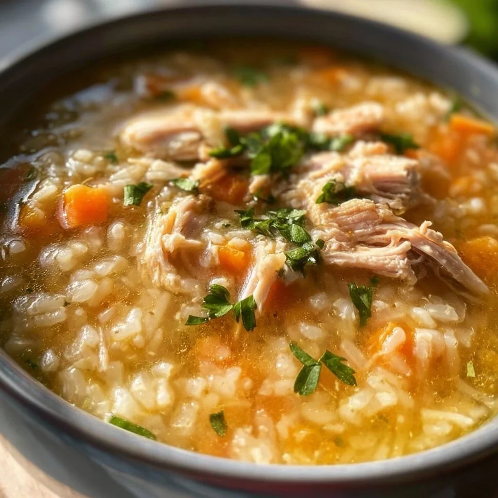 Bowl of delicious Crock Pot chicken rice soup garnished with herbs