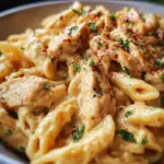 Crock Pot Creamy Cajun Chicken Pasta dish garnished with herbs