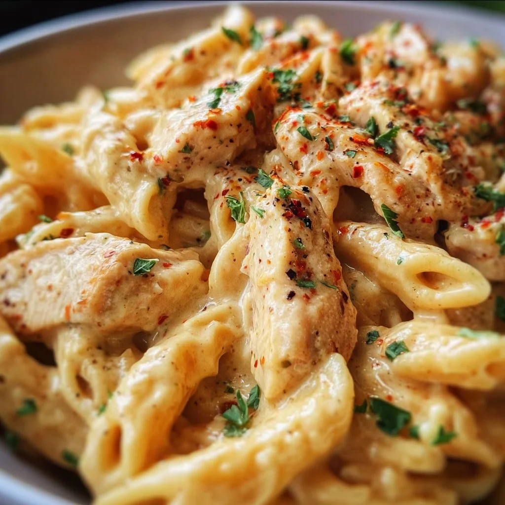 Crock Pot Creamy Cajun Chicken Pasta dish garnished with herbs