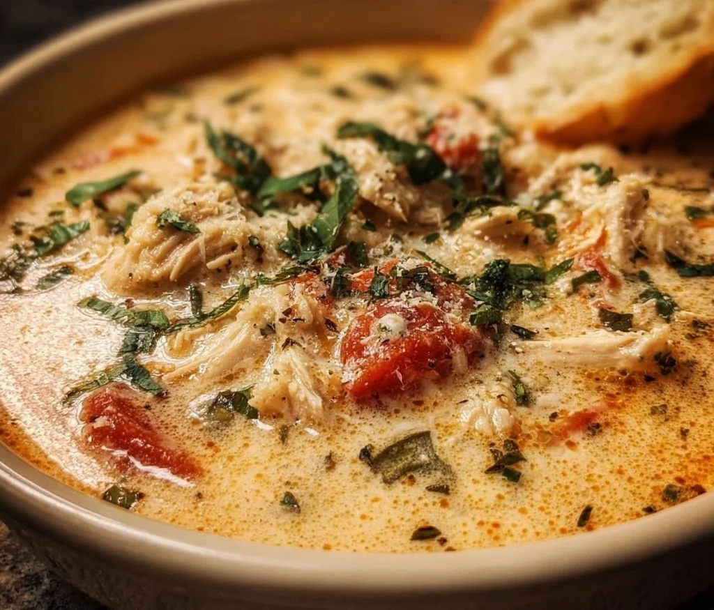 Delicious Crock Pot Creamy Chicken Parmesan Soup served in a bowl