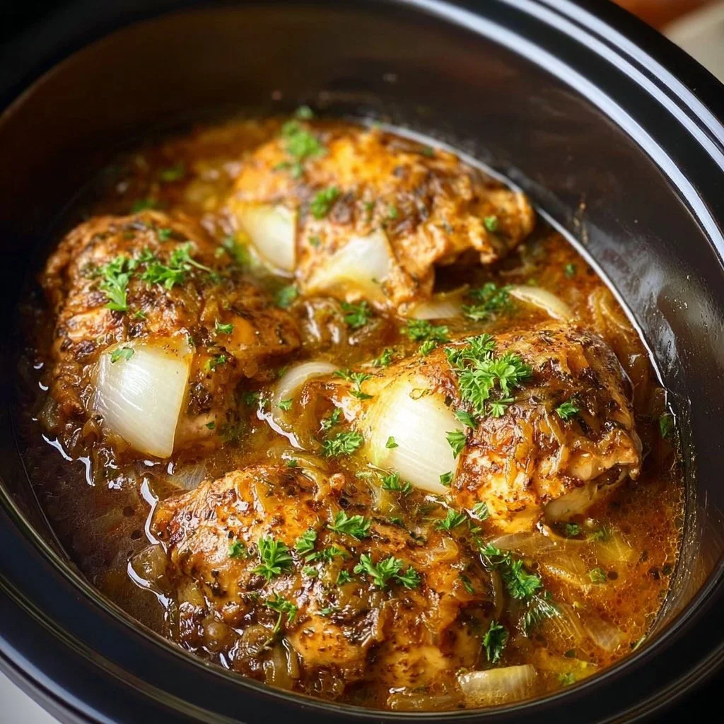 Delicious Crock Pot French Onion Chicken served with melted cheese and onions.