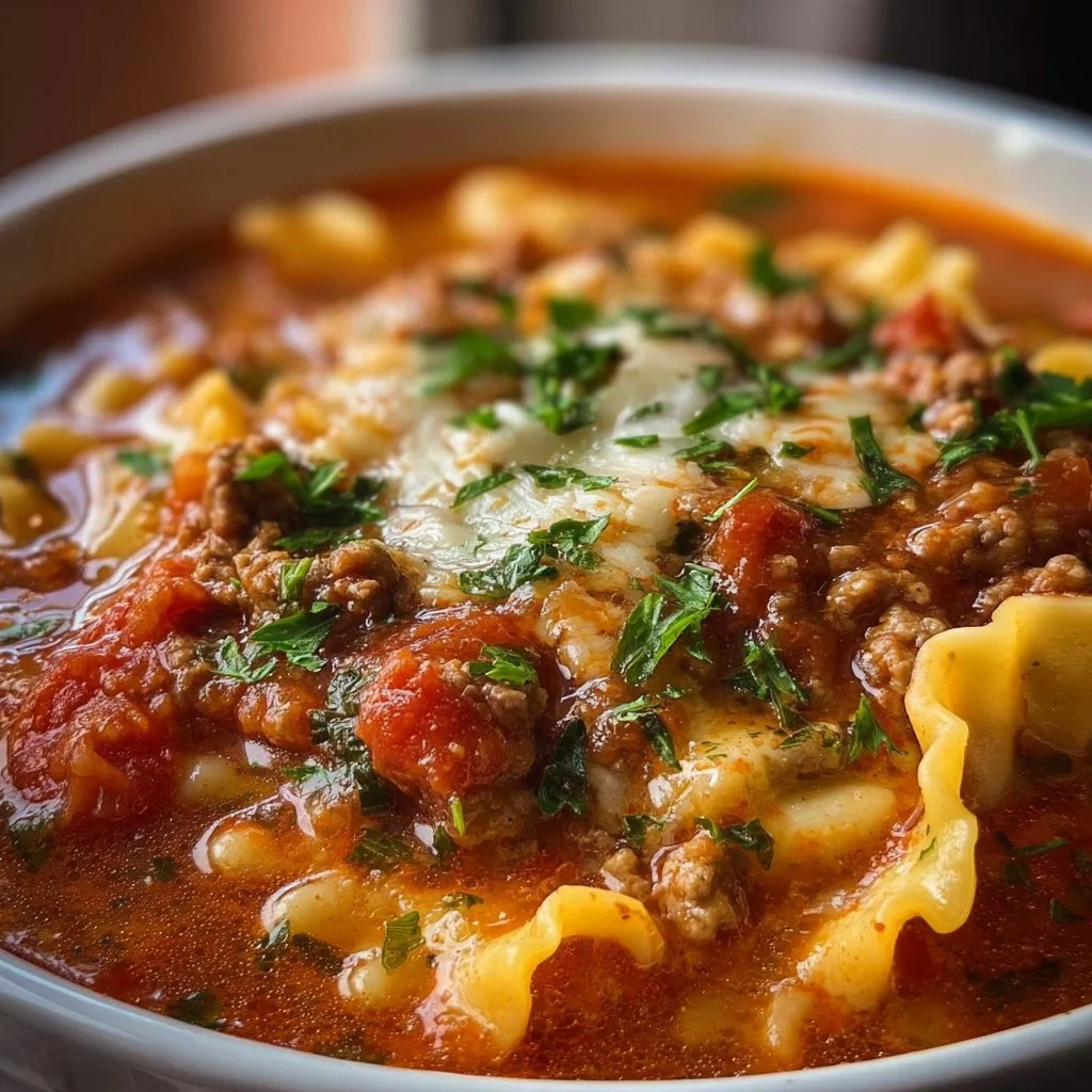 Delicious bowl of Crock Pot Lasagna Soup with cheese and herbs