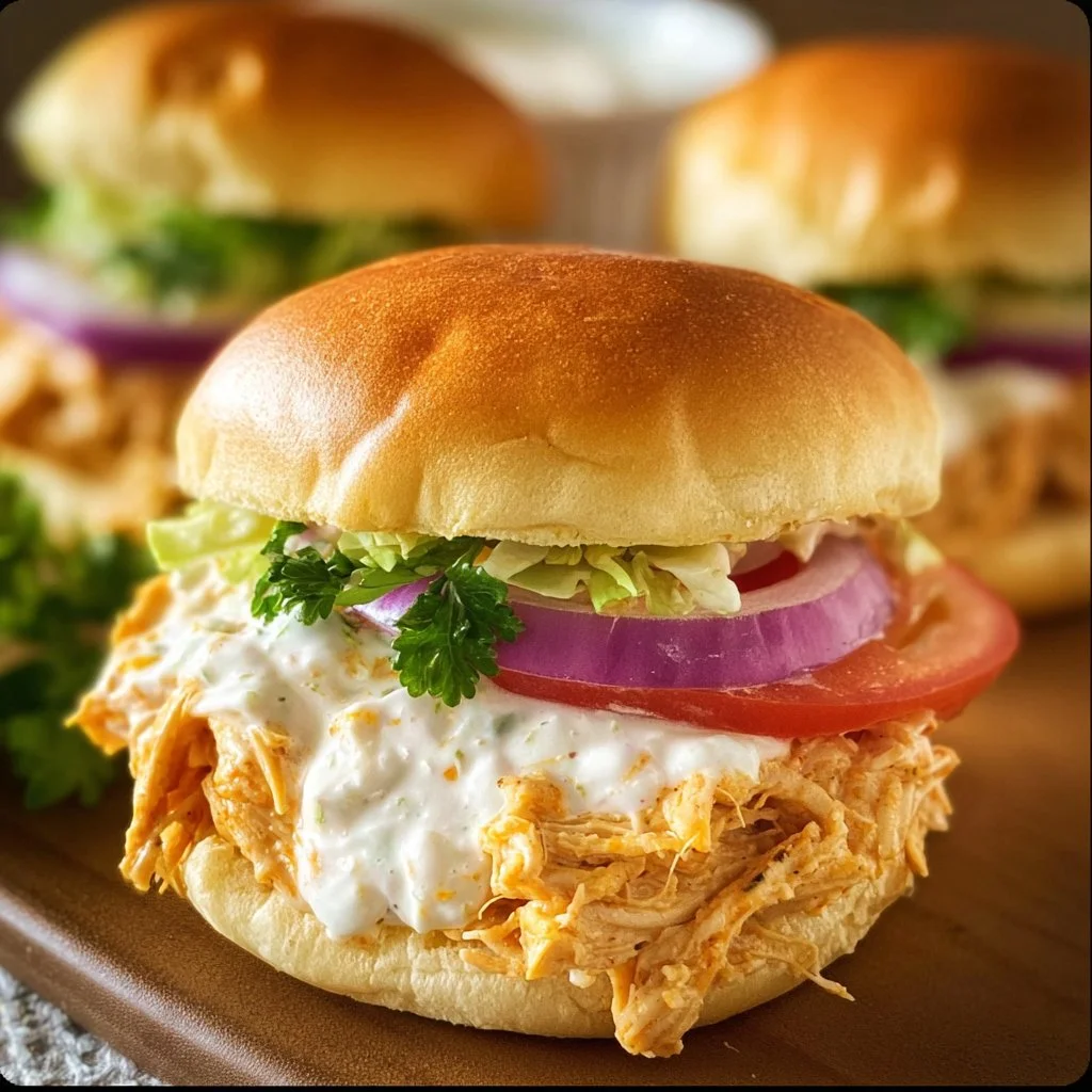 Crock Pot Ranch Chicken Sandwiches on a rustic wooden table