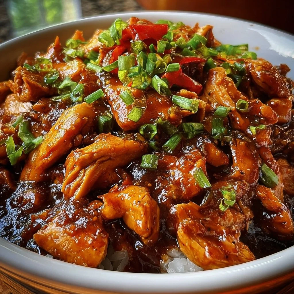 Delicious Crockpot Bourbon Chicken served with rice and vegetables