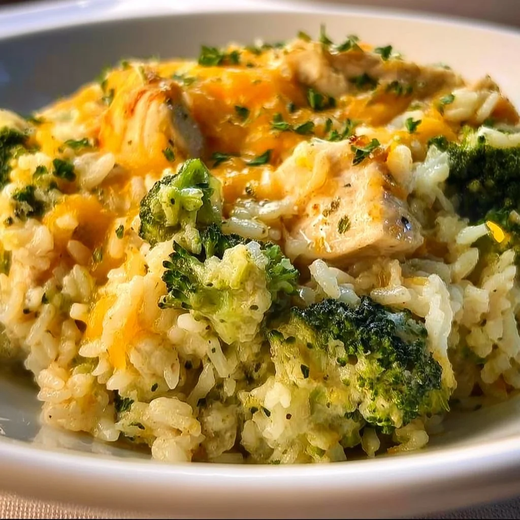Crockpot broccoli cheddar chicken and rice served in a bowl