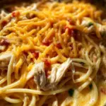 Crockpot Cheesy Chicken Spaghetti served in a bowl with cheese and parsley on top
