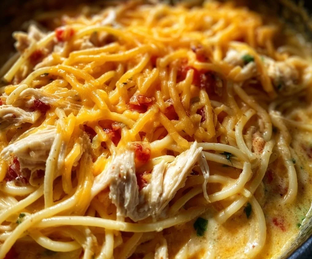 Crockpot Cheesy Chicken Spaghetti served in a bowl with cheese and parsley on top