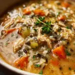 Delicious Crockpot Chicken and Wild Rice Soup served in a bowl