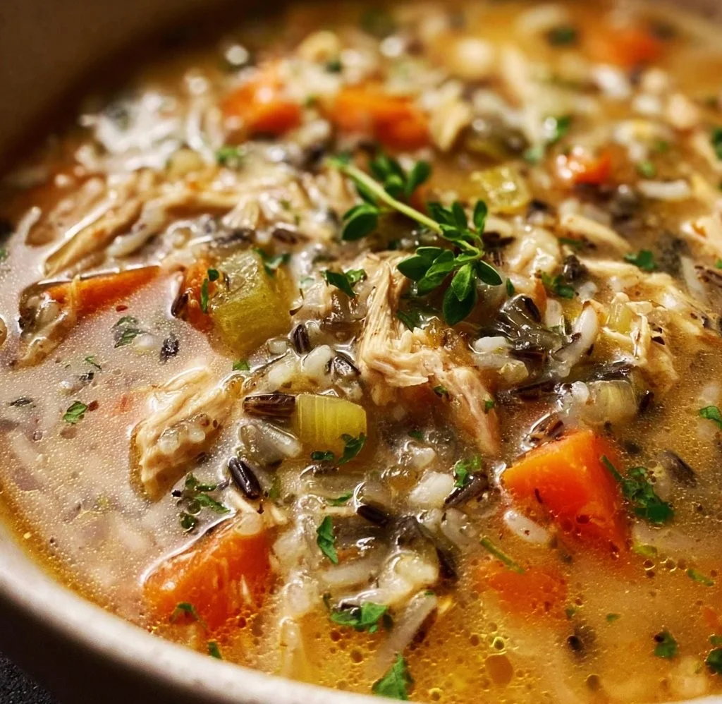 Delicious Crockpot Chicken and Wild Rice Soup served in a bowl