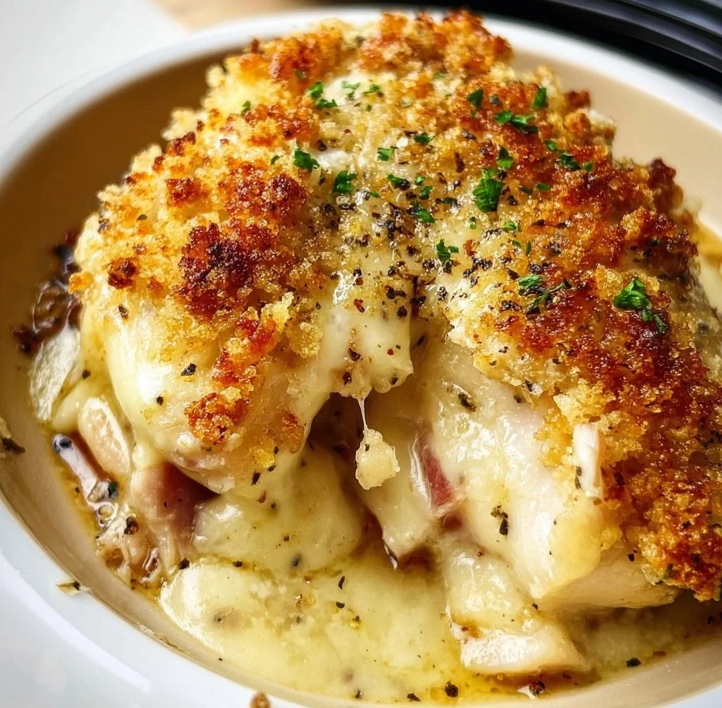 Crockpot Chicken Cordon Bleu served with a side of vegetables