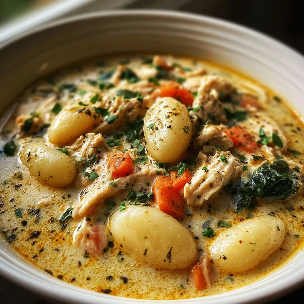 Bowl of delicious Crockpot Chicken Gnocchi Soup garnished with fresh herbs.