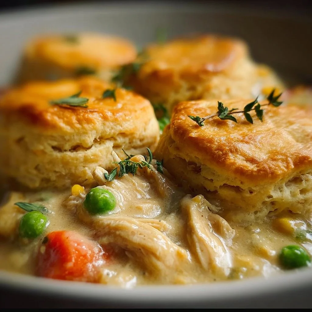 Crockpot Chicken Pot Pie With Biscuits served in a bowl