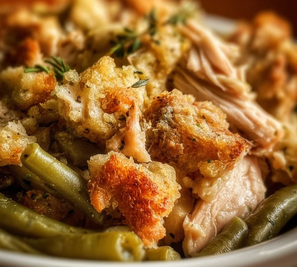 Crockpot Chicken with stuffing and green beans in a slow cooker
