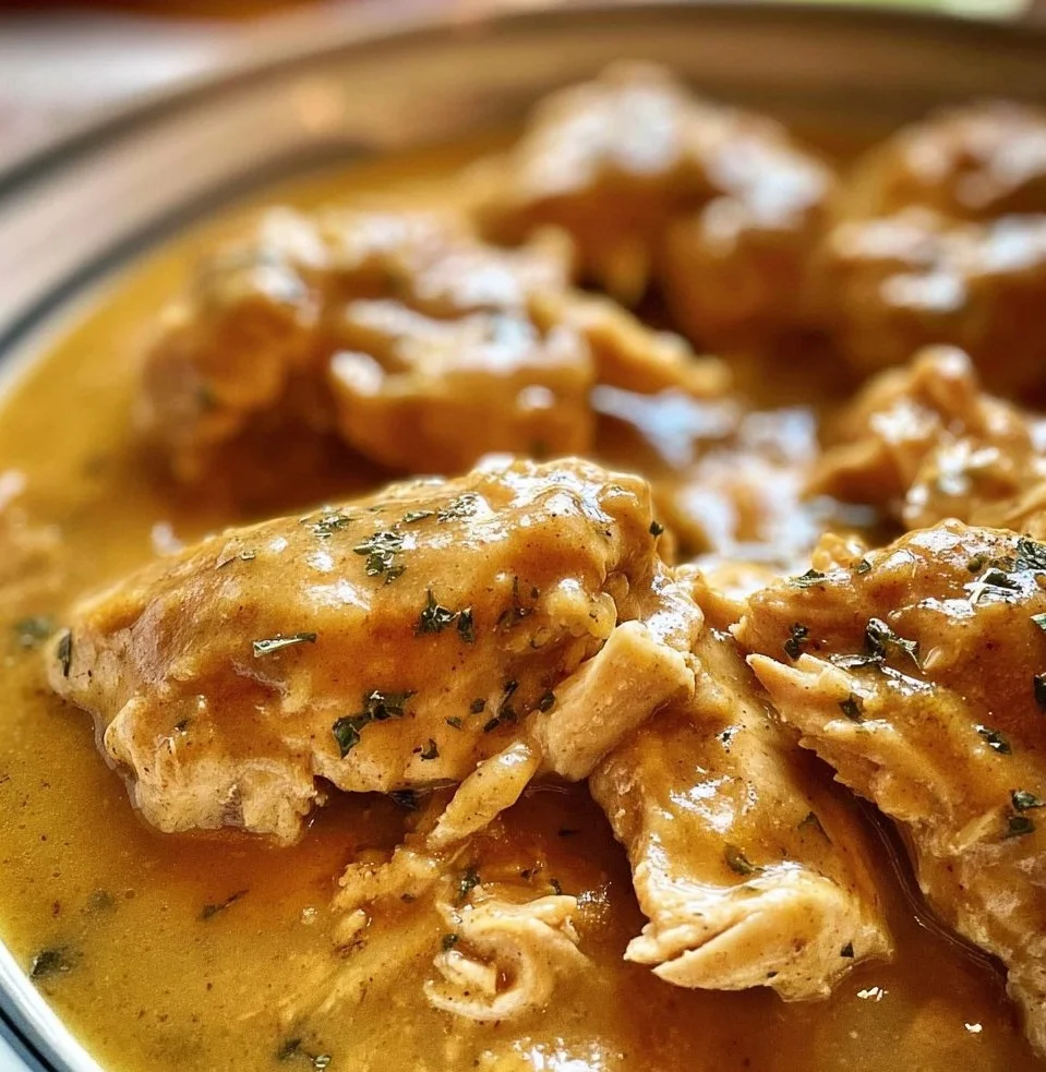 Crockpot Chicken Tenderloins served with creamy gravy in a slow cooker