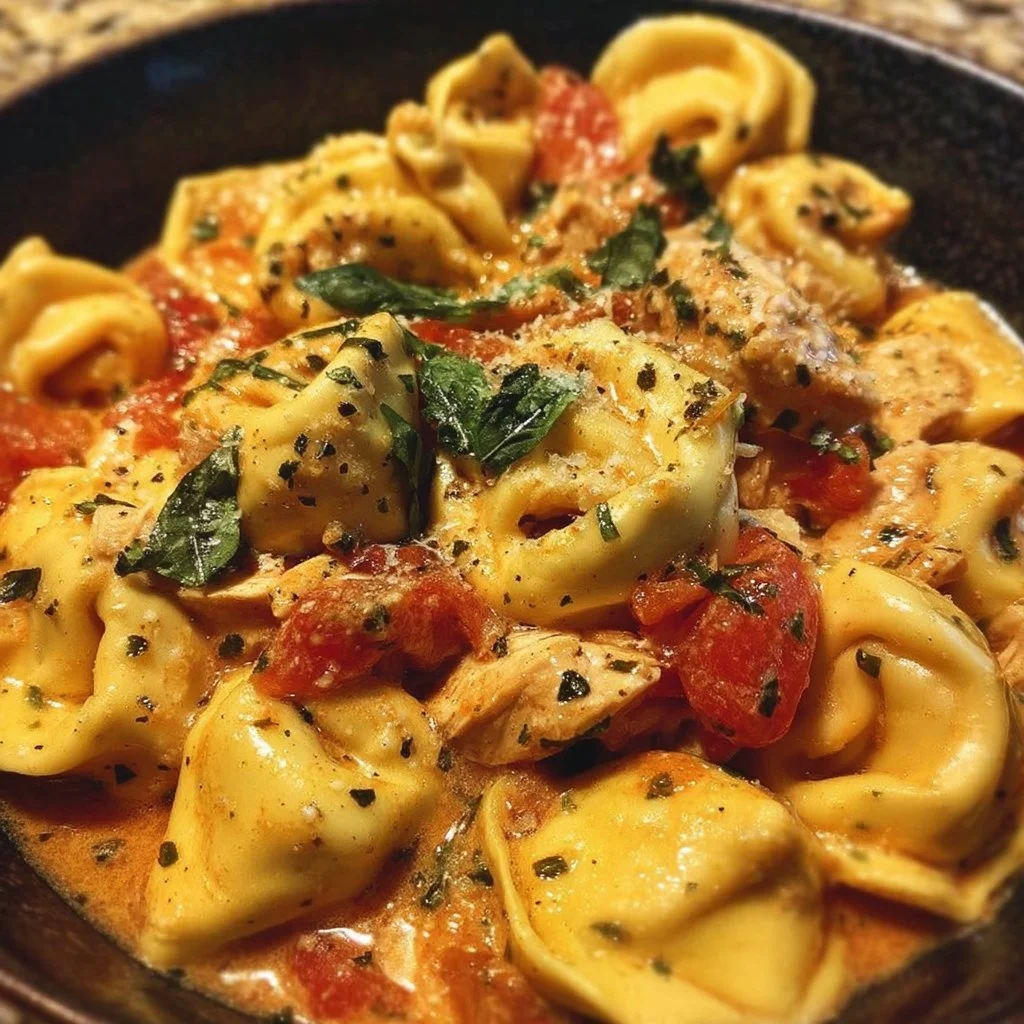 Delicious CrockPot Chicken Tortellini served in a bowl with herbs
