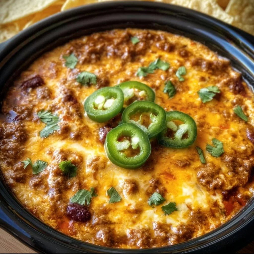 Delicious Crockpot Chili Cheese Dip served in a bowl with tortilla chips.