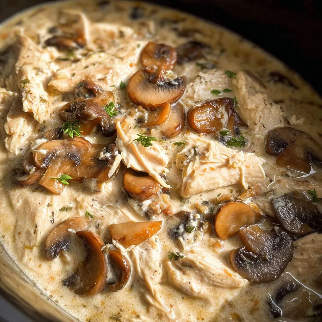 Delicious Crockpot Cream of Mushroom Chicken served with rice